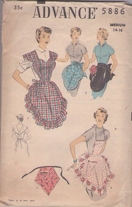 Advance 5886 Vintage 50's Sewing Pattern Aprons, Housewife, Kitchen Apron Set, Halter Top Bib, Clover or Diamond Half, Wide Criss Cross Straps Skirted Size M
