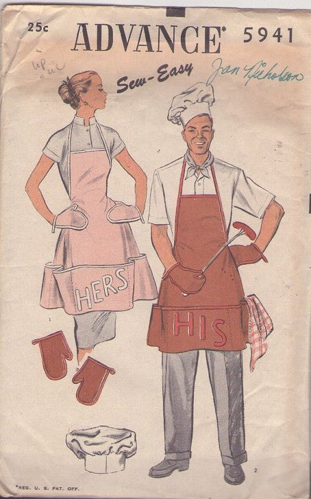 Advance 5941 Vintage 50's Sewing Pattern Sew Easy Aprons, His & Hers BBQ Halter Top, Large Storage Pockets Aprons, Oven Mitts, Chef Hat One Size