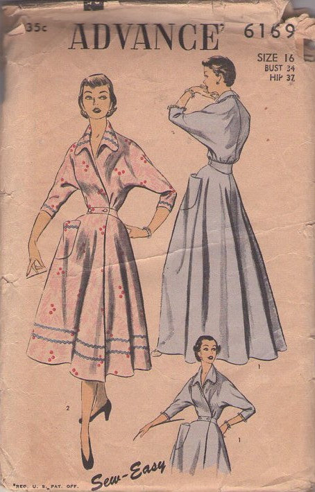 Advance 6169 Vintage 50's Sewing Pattern Lucy Dress, Front Wrap House Dress, Long Dramatic Dressing Gown, Robe, Brunch Coat Size 16