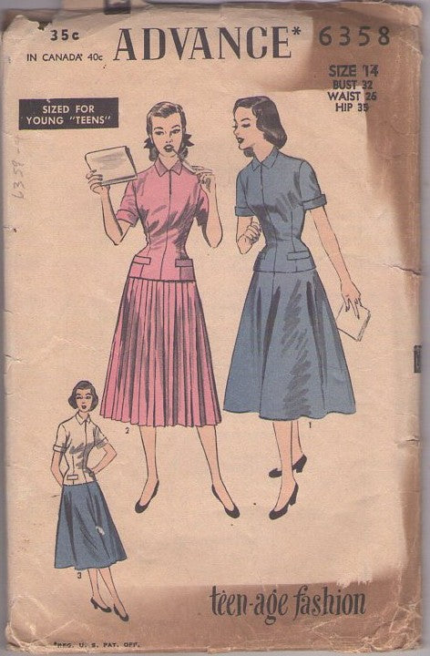 Advance 6358 Vintage 50's Sewing Pattern Teen Separates, Midge Maisel 2 Piece Dress Long Line Over the Hips Blouse, Flared Gored or Accordion Pleats Skirt Size 14