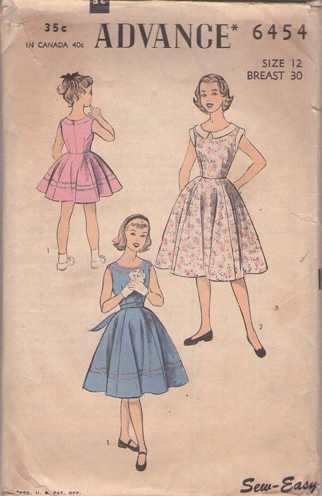 Advance 6454 Vintage 50's Sewing Pattern Girls' Dress, Jumper, Summer Scoop Neck, Teen, Petite Figure, Flared Skirt EASY Day Dress, 2 Styles Size 12