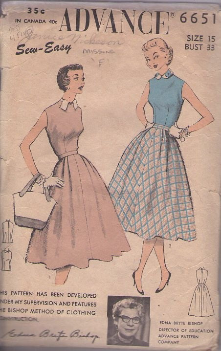 Advance 6651 Vintage 50's Sewing Pattern Designer Dress, Edna Bryte, Sew Easy, Bishop Method Back Neck Zip Blouse, Flared Skirt, 2 Piece Dress Size 15