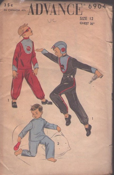 Advance 6904 Vintage 50's Sewing Pattern Boys' Costumes, B Movie Space Man Space Suit Costume with Tube Trim, Shirt Pants & Helmet Hat OR Untrimmed Pajamas Size 12