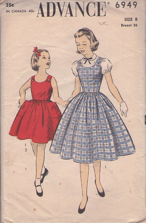 Advance 6949 Vintage 50's Sewing Pattern Girls' Jumper Set, Scoop Neck Modest Sun Dress, Jumper, Blouse Ensemble Size 8