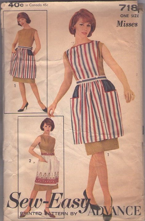 Advance 718 Vintage 60's Sewing Pattern Apron Set, Sew Easy Button On Big or Half Aprons, Large Pockets, One Size