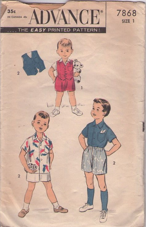 Advance 7868 Vintage 50's Sewing Pattern Boys' Summer Shorts, Boxer Shorts, Vest Jacket, Pocket Shirt Size 1