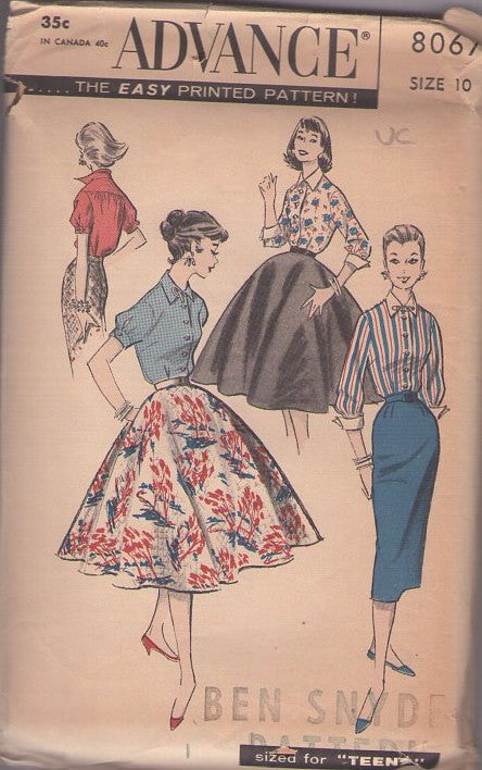 Advance 8067 Vintage 50's Sewing Pattern Rockabilly Separates, Flip Collar Blouse Set, Slim Pencil Sheath Skirt or Full Circular Skirt Size 10