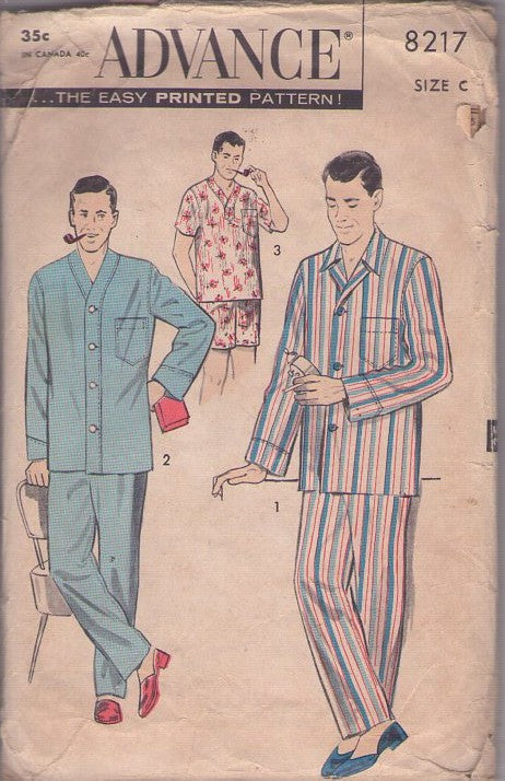 Advance 8217 Vintage 50's Sewing Pattern Men's Pajamas Set, Summer and Winter Sleep Shirt, Boxer Shorts, Trousers Size 42-44