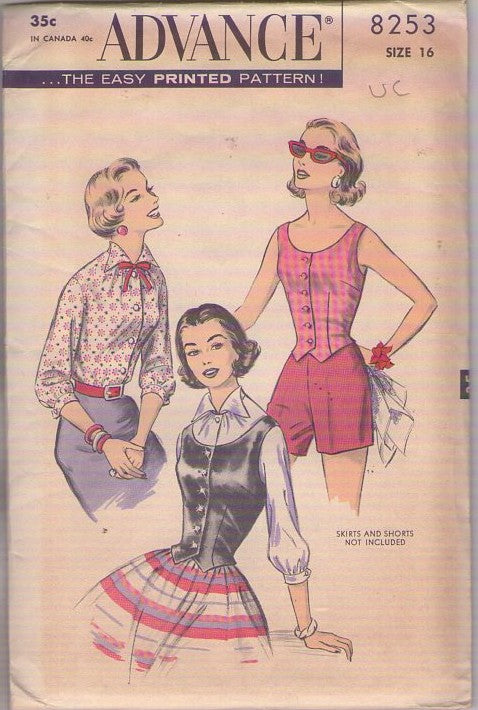 Advance 8253 Vintage 50's Sewing Pattern Blouse & Vest Set, Rockabilly Scoop Neck Fitted Button Up Weskit Vest, Wing Collar Blouse Size 16