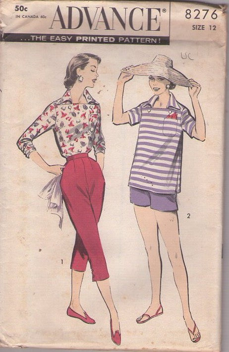 Advance 8276 Vintage 50's Sewing Pattern Rockabilly Sports Separates, Wing Collar Blouse, Top, Shirt, High Waist Shorts & Capri Cigarette Pants Size 12