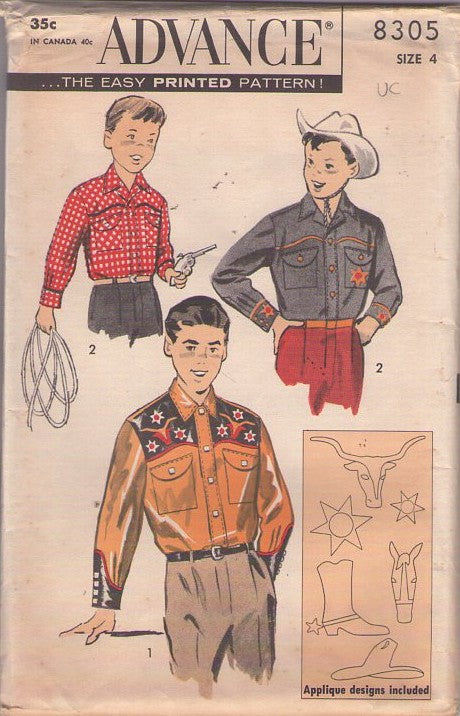 Advance 8305 Vintage 50's Sewing Pattern Teen Shirts, Men's Rockabilly Western Cowboy, Rodeo Roy Rogers Nudie Style Shirt Set, Shaped Pockets, Appliques Size 4