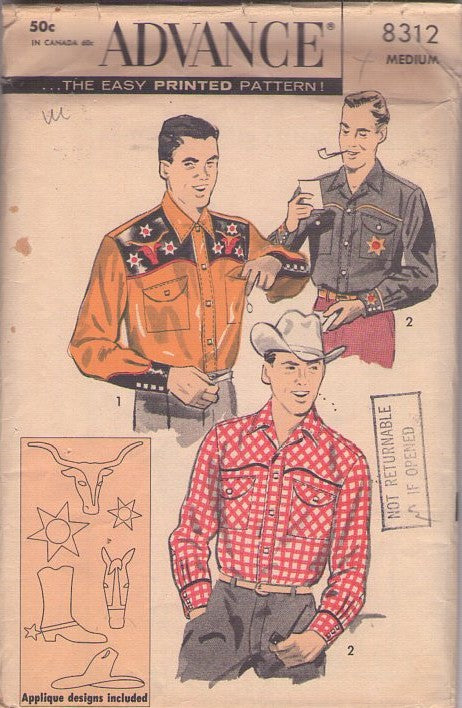 Advance 8312 Vintage 50's Sewing Pattern Men's Western Shirts, Wild West, Nudie Style, Rockabilly, Yoked Cowboy Shirt, Applique Designs Included Size M