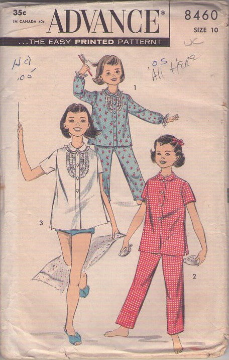 Advance 8460 Vintage 50's Sewing Pattern Girls' Pajamas Set, Summer and Winter Blouse Top, Shorts Pants and Trousers Size 10
