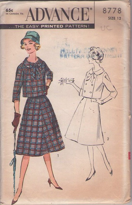 Advance 8778 Vintage 50's Sewing Pattern Trapeze Suit, Flared Cropped Double Breasted Jacket Top Blouse, A-Line Skirt Size 12