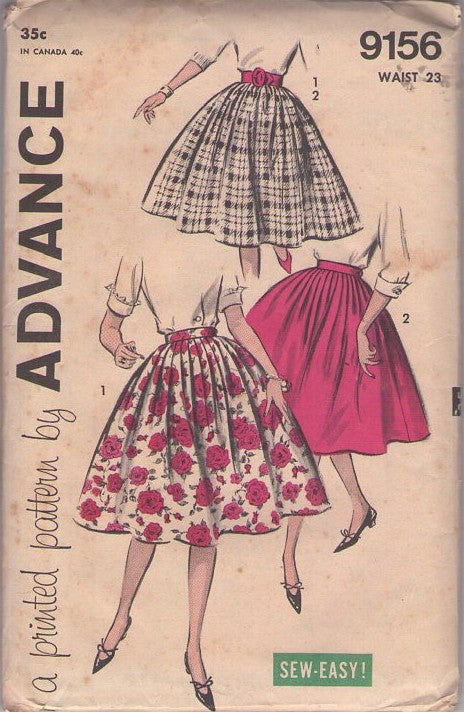 Advance 9156 Vintage 50's Sewing Pattern Circle Skirts, Full Circular Pleated Skirt Set 2 EASY Styles Waist 23