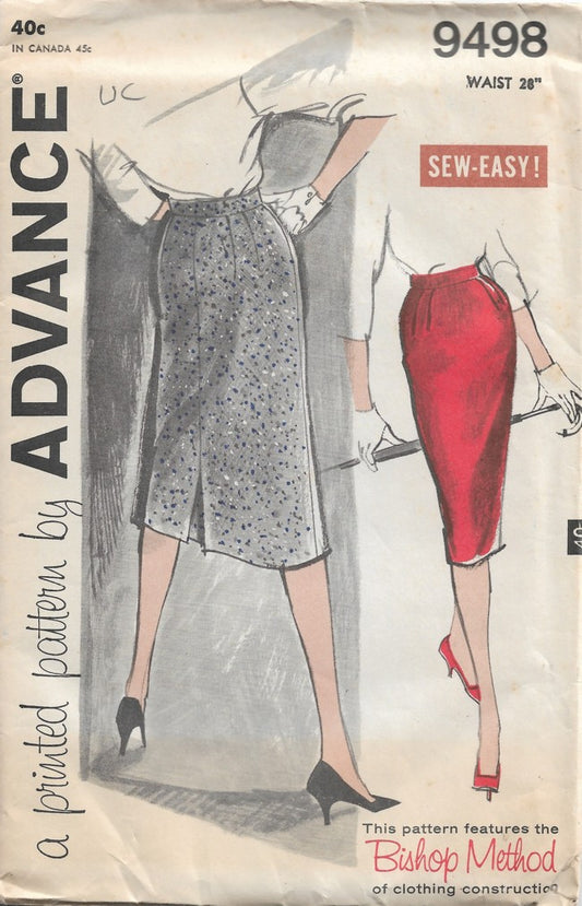 Advance 9498 Vintage 60's Sewing Pattern Easy to Sew Slim Skirt, Bishop Method Waist 28" Size L