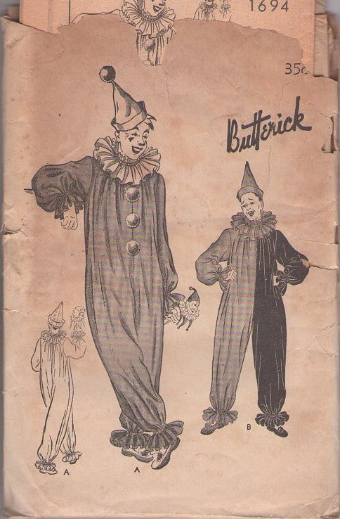 Butterick 1694 Vintage 40's Sewing Pattern Clowns Costumes, Killer Klown Twisty AHS Clown Pierrot Circus Jumpsuit, Neck Ruff, Pointed Jester Hat Chest 25 FRAGILE Envelope