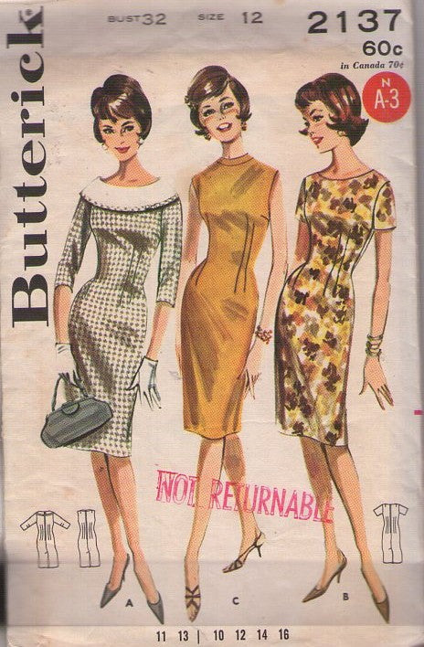Butterick 2137 Vintage 60's Sewing Pattern Day Dress, Secretary, Rockabilly Nipped Waist Sheath Dress 3 Styles Size 12