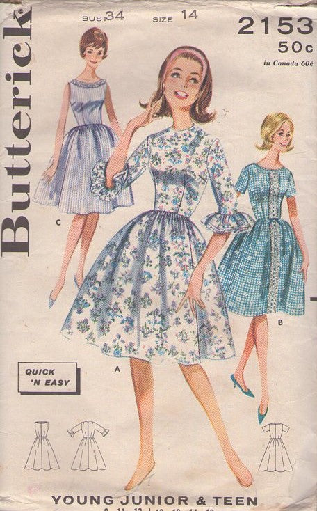 Butterick 2153 Vintage 60's Sewing Pattern Teen Girls' Dress Set, Modest Quick & Easy, Rockabilly Day Dress, First Job 3 Styles Size 13
