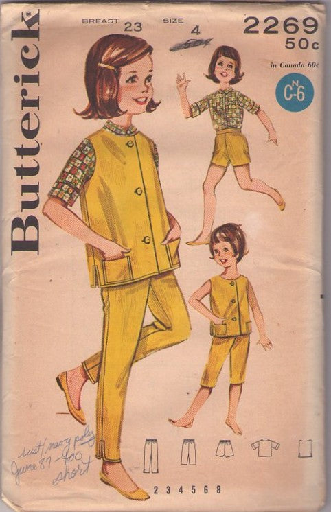 Butterick 2269 Vintage 60's Sewing Pattern Girls' Separates, Johnny Collar Blouse, Jacket Topper, Shorts, Capri & Pants Size 4