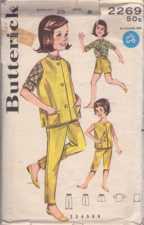 Butterick 2269 Vintage 60's Sewing Pattern Girls' Separates, Johnny Collar Blouse, Jacket Topper, Shorts, Capri & Pants Size 8