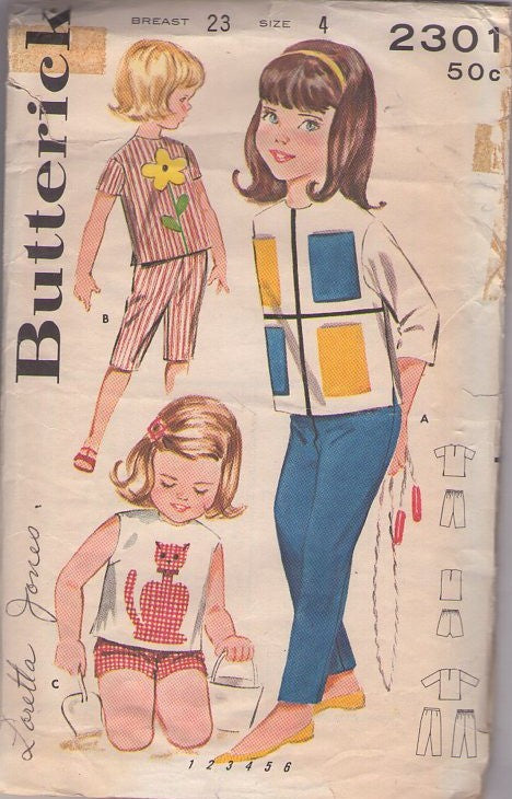 Butterick 2301 Vintage 60's Sewing Pattern Girls' Tops, Pants, Pocket Patchwork Shirt Top, Kitty Cat Applique, Shorts, Capri or Long Pants Size 4