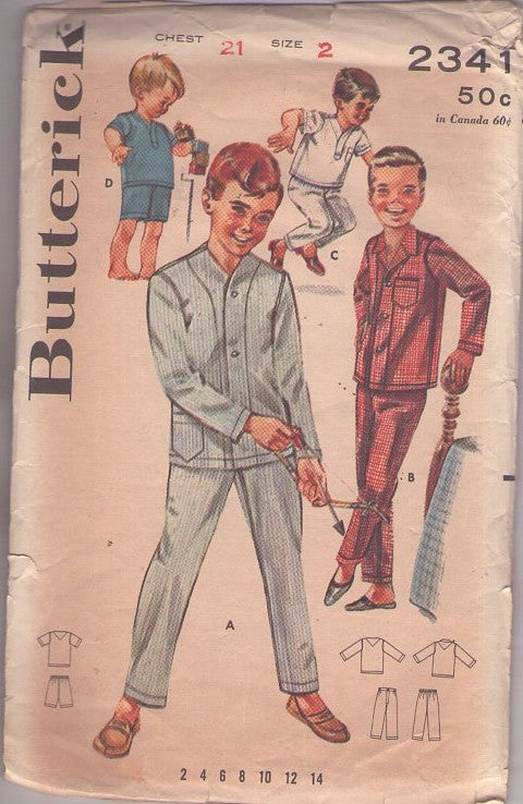 Butterick 2341 Vintage 60's Sewing Pattern Boy's Pajamas, Shirt, Pants, Shorts, Winter or Summer Size 2