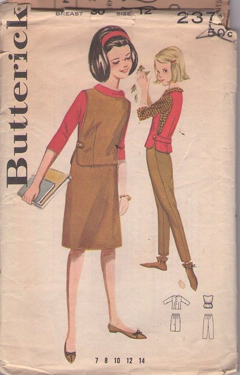 Butterick 2373 Vintage 60's Sewing Pattern Girls' Mod Separates, First Job Coordinates, Vest Top, Skirt, Slim Tapered Leg Slacks & Blouse Size 12