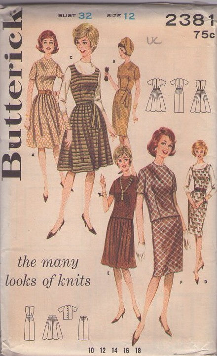 Butterick 2381 Vintage 60's Sewing Pattern Secretary Knits, Slim, Flared Dress, Sheath or Pleated Skirt, Jumper, Back Buttoned Top Size 12