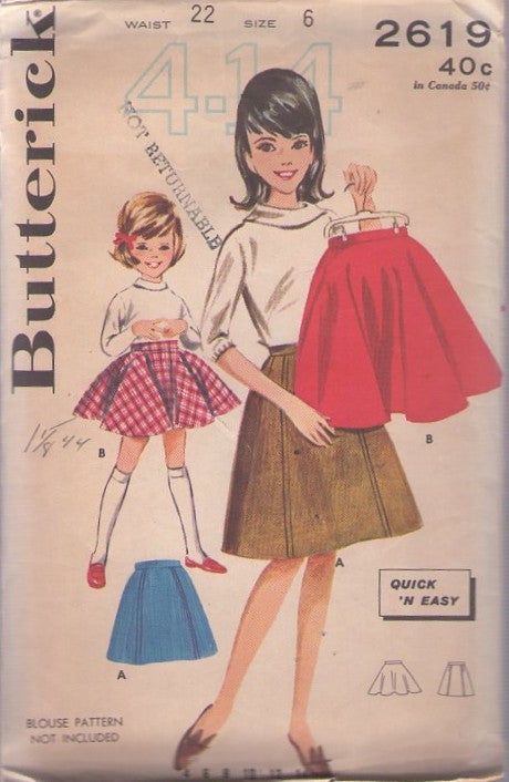 Butterick 2619 Vintage 60's Sewing Pattern Girls' Skirts, Quick & Easy Flared or Gored School Skirt Size 6