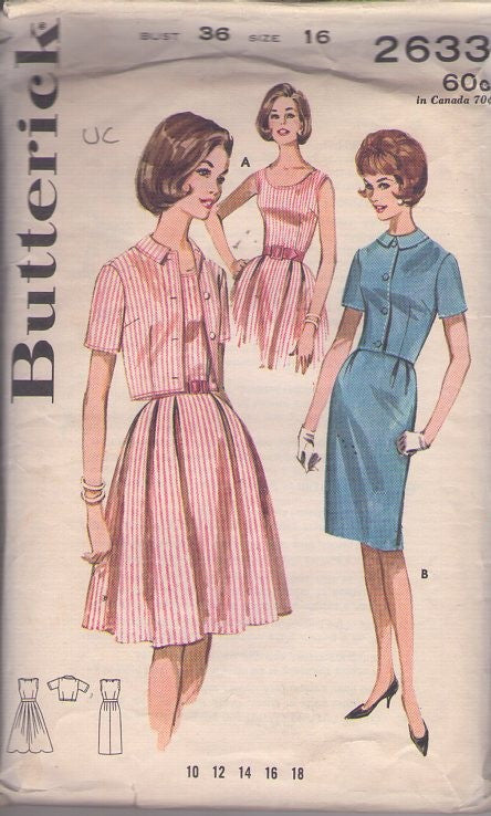 Butterick 2633 Vintage 60's Sewing Pattern Rockabilly Dress, Jacket Set, Scoop Neck, Sleeveless Summer Sheath or Box Pleats Skirt Day Dress, Shirt Jacket Cover Up Size 16