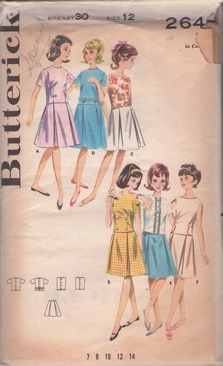 Butterick 2648 Vintage 60's Sewing Pattern Girls' Separates, Hairspray, Teen Modest Inverted Pleats Skirt, Back Buttoned Blouse, Topper, 2 Piece Dress Sets Size 12