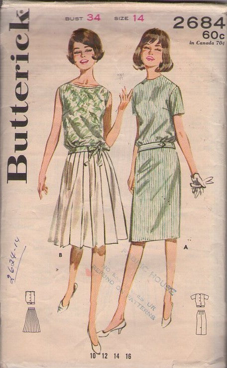 Butterick 2684 Vintage 60's Sewing Pattern Secretary Dress, 2 Piece, Back Buttoned Blouson Blouse Top, Pleated or Straight Skirt Size 14