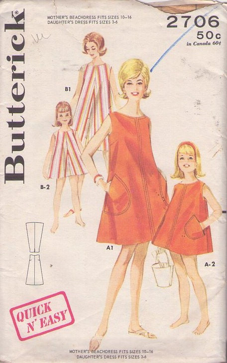 Butterick 2706 Vintage 60's Sewing Pattern Mod Beach Dress, Mother Daughter Fashions, Quick and Easy, Flared Summer Beach Dress All Sizes