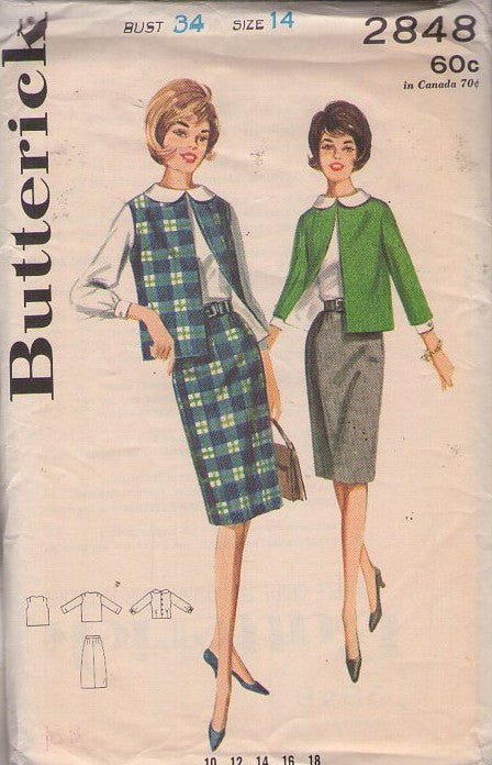 Butterick 2848 Vintage 60's Sewing Pattern Mod Suit Dress, Blouse, Retro Secretary, Mix & Match Vest, Jacket, Sheath Skirt Size 15
