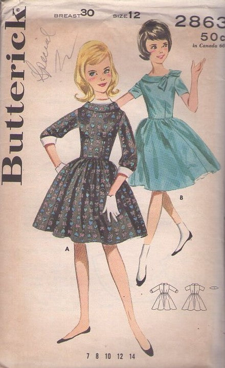 Butterick 2863 Vintage 60's Sewing Pattern Teen Girls' Dress, Rockabilly Hairspray Modest School Party Dress, Flared Skirt, Cowl Collar Size 12
