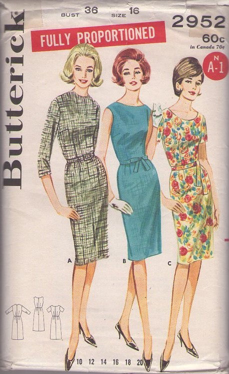 Butterick 2952 Vintage 60's Sewing Pattern Rockabilly Sheath Dress, Fully Proportioned 3 Neckline Sheath Dress Set, Cocktail & Secretary Styles Size 16