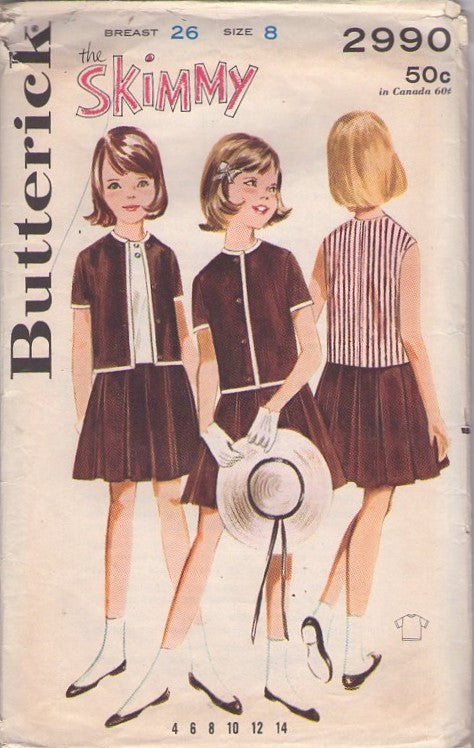 Butterick 2990 Vintage 60's Sewing Pattern Girls' Skimmy Set, Box Pleats Skirt Dress, Vest or Jacket Top Size 8