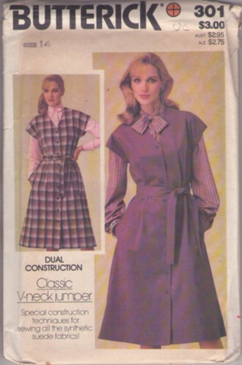 Butterick 301 Vintage 80's Sewing Pattern Classic V-Neck Jumper, Dress, Front Buttons, Cap Sleeves Size 14