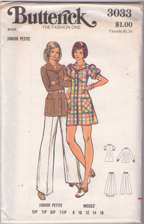 Butterick 3033 Vintage 70's Sewing Pattern Mod Separates, Junior Petites, Puff Sleeve Shirt Jacket, Front Buttoned Coat Dress, Wing Collar & Pants Size 9JP
