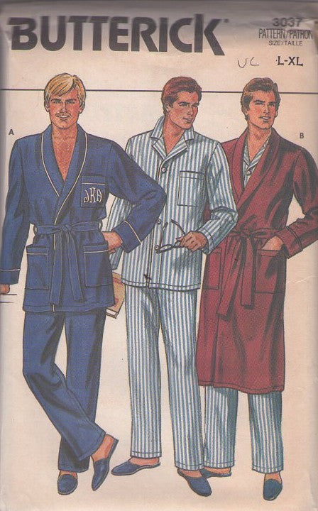 Butterick 3037 Vintage 80's Sewing Pattern Men's Pajamas, Shirt, Pants, Shawl Collar Hugh Hefner Wrap Short Robe, Bathrobe Size L-XL