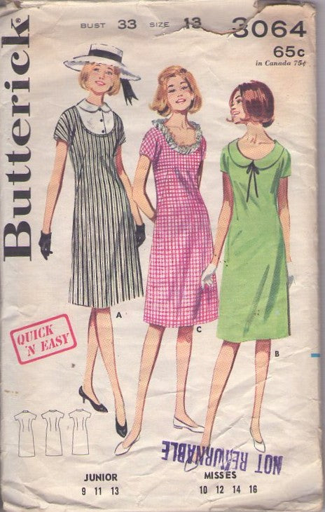 Butterick 3064 Vintage 60's Sewing Pattern Day Dresses, Quick & Easy Dart Fitted Scoop Neck Dress Set, 3 Styles Size 13