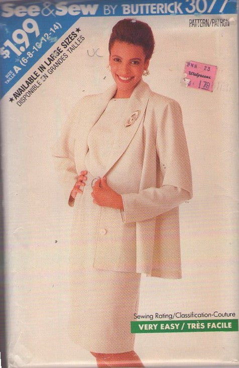 Butterick 3077 Vintage 80's Sewing Pattern Career Suit Ensemble, Bloused Sheath Dress, Swing Back Cardigan Jacket Size 6-14