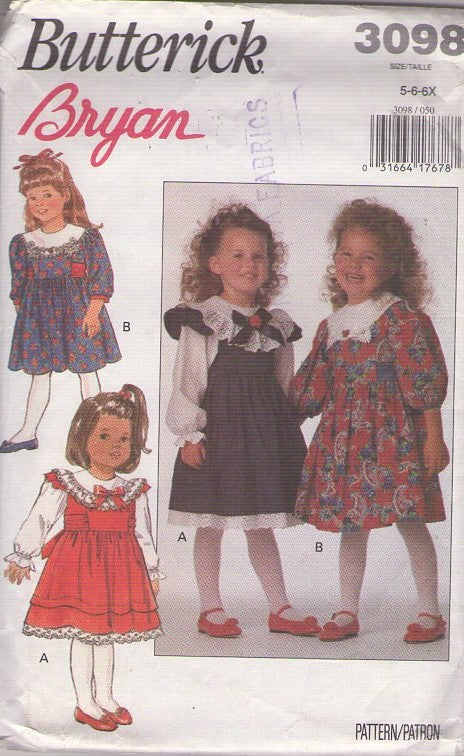 Butterick 3098 Vintage 90's Sewing Pattern Girl's Dress, Jumper, Designer Bryan, 2 Fancy Styles Size 5-6X