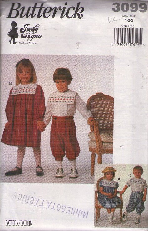 Butterick 3099 Vintage 90's Sewing Pattern Girls' & Boys' Formal Separates, Designer Judy Lynn, Modest Shirt, Dress, Knickers, Nautical Sailor Collar Embroidery Trim Size 1-3