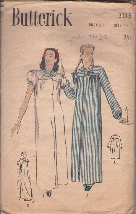 Butterick 3116 Vintage 40's Sewing Pattern Nightgowns, Mother Hubbard, Farmcore, Long Gown Size 14 NO INSTRUCTIONS