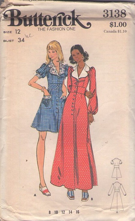 Butterick 3138 Vintage 70's Sewing Pattern Coat Dress, Babydoll or Maxi, Front Buttoned Wide Midriff Fit & Flared Mini Dress, Balloon Sleeve Hostess Maxi Gown Size 12