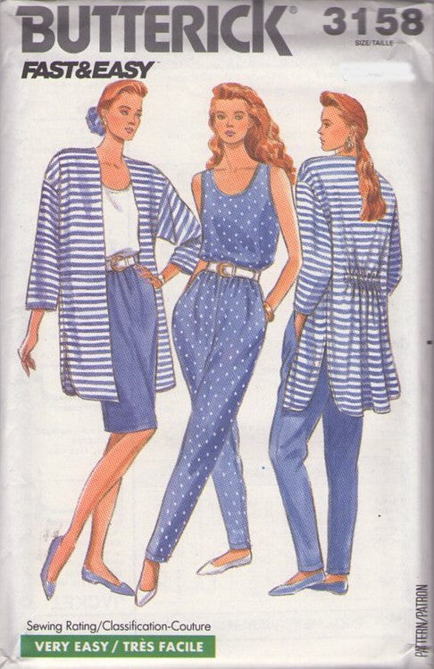 Butterick 3158 Vintage 80's Sewing Pattern Secretary Separates, Fast & Easy, Tank Top, Skirt, Oversized Jacket, Pants Size XS-M