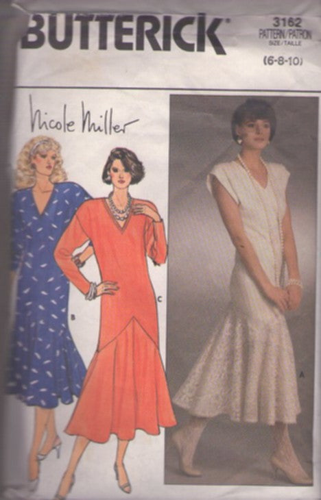 Butterick 3162 Vintage 80's Sewing Pattern Designer Dresses, Nicole Miller 20s Flapper Style V Neck Party Dress, Wedding Gown, 3 Styles Size 6, 8, 10