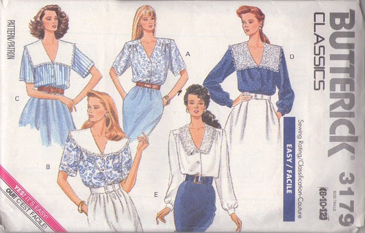 Butterick 3179 Vintage 80's Sewing Pattern Modest Blouse Set, Lacy Sailor Collar Secretary Garden Party Blouse 5 Styles EASY Size 8-12